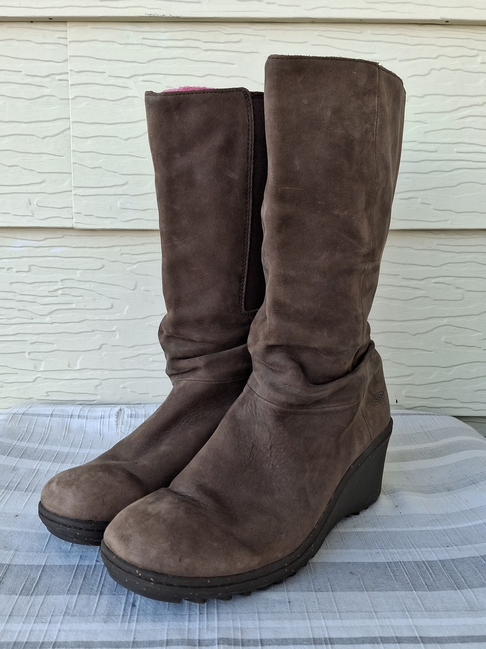 KEEN Womens Brown Akita Leather Pull On Mid Calf Slouch Wedge Heel Boots Sz 8.5